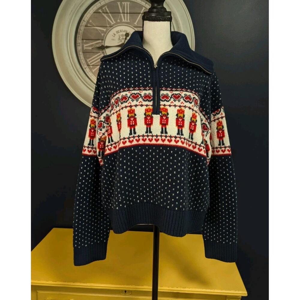 Nutcracker Theme Holiday Sweater Women's M Quarter Zip Blue Retro Fair Isle Warm